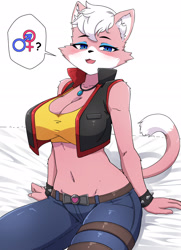 Size: 1634x2254 | Tagged: safe, artist:zekkymzn, katt monroe (star fox), cat, feline, mammal, anthro, nintendo, star fox, 2023, bed, bedroom eyes, belly button, belt, big breasts, blue eyes, bottomwear, breasts, clothes, crop top, ear fluff, female, female symbol, fluff, fur, gender symbol, jewelry, looking at you, male symbol, necklace, open mouth, pants, pictogram, pink body, pink fur, shoulder fluff, sitting, solo, solo female, spiked wristband, topwear, vest, white body, white fur, wristband