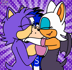 Size: 2469x2389 | Tagged: suggestive, artist:mrstheartist, rouge the bat (sonic), oc, oc:soneb the hedgehog, oc:violet the hedgehog, bat, hedgehog, mammal, anthro, sega, sonic the hedgehog (series), :o, breasts, couple, eyes closed, female, group, hug, kissing, male, rougeb (sonic/oc), shipping, soneb gets all the females, sonet (sonic oc), trio