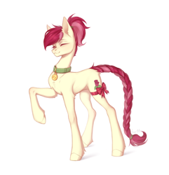 Size: 2700x2800 | Tagged: safe, artist:inarimayer, roseluck (mlp), earth pony, equine, fictional species, mammal, pony, feral, friendship is magic, hasbro, my little pony, braid, collar, commission, commissioner:doom9454, cute, hair, pet tag, pony pet, ponytail, ribbon, rosepet, simple background, solo, white background