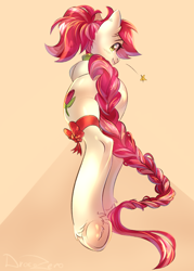 Size: 1500x2100 | Tagged: safe, artist:draco zero, roseluck (mlp), equine, mammal, pony, feral, friendship is magic, hasbro, my little pony, alternate hairstyle, braid, collar, commission, commissioner:doom9454, cute, hair, hooves, long tail, pony pet, ponytail, ribbon, rosepet, tail, underhoof