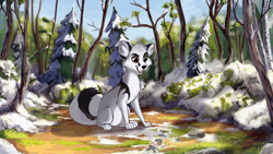 Size: 640x360 | Tagged: safe, artist:tuwka, oc, oc:hioshiru, oc:kej (kejzfox), bird, canine, enfield, fictional species, fox, mammal, wolf, feral, 16:9, 2019, 2d, 2d animation, animated, bird feet, black body, black fur, black nose, brown body, brown fur, conifer tree, cute, day, detailed background, digital art, duo, eyelashes, female, feral/feral, fluff, forest, frame by frame, fur, gray body, gray fur, kissing, male, male/female, no sound, open mouth, outdoors, paws, plant, short playtime, sitting, sky, smiling, snow, tail, tail fluff, tree, webm, white body, white fur, widescreen, yellow eyes
