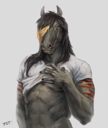 Size: 3375x4000 | Tagged: safe, artist:tgt1512, equine, horse, mammal, anthro, 5 fingers, abs, biceps, black hair, blue eyes, bust, clothes, fingernails, fingers, hair, hair over one eye, high res, long hair, looking at you, male, muscles, muscular male, nails, portrait, shirt, shirt lift, simple background, smiling, snout, solo, solo male, standing, t-shirt, topwear, white background