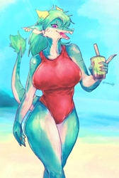 Size: 2088x3103 | Tagged: safe, artist:suigi, dragon, fictional species, reptile, anthro, beach, blue body, blue sky, blurred background, breasts, clothes, container, countershading, cup, day, digital art, ear piercing, earring, female, fluff, green body, green hair, green scales, hair, looking at you, multicolored body, multicolored scales, one-piece swimsuit, open mouth, outdoors, piercing, pink eyes, pointing, pupils, red clothes, red swimsuit, ring piercing, sand, scales, seaside, sky, solo, solo female, straw, swimsuit, tail, tail tuft, tan body, tan scales, water, white body, white scales