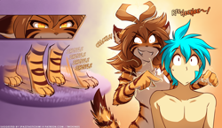 Size: 2764x1600 | Tagged: safe, artist:twokinds, flora (twokinds), trace (twokinds), big cat, feline, fictional species, human, keidran, mammal, tiger, anthro, digitigrade anthro, twokinds, 2019, 4 toes, 5 fingers, amber eyes, arm tuft, barefoot, belly button, black body, black fur, black stripes, black tail, body markings, breasts, brown hair, carpet, casual nudity, cheek tuft, claws, comic, countershading, digital art, duo, electricity, evil laugh, eyebrows, eyelashes, facial tuft, featureless breasts, feet, female, fingers, fluff, front view, fur, gesture, glistening, glistening eyes, glowing, glowing eyes, gradient background, green hair, grin, hair, half closed eyes, high res, humanoid hands, humor, imminent pain, laughing, leg fluff, long hair, make, male, medium breasts, multicolored body, multicolored fur, narrowed eyes, nudity, orange background, orange body, orange eyes, orange fur, orange tail, pantherine, paws, pecs, pivoted ears, pointing, prick ears, pupils, purple background, question mark, short hair, shoulder tuft, simple background, slim, slit pupils, small waist, smiling, standing, striped body, striped fur, striped tail, stripes, sweat, tail, tail markings, teeth, text, this will not end well, toes, url, wall of tags, webcomic, white belly, white body, white fur, yellow eyes