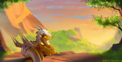 Size: 3600x1850 | Tagged: safe, artist:shido-tara, dragon, fictional species, reptile, sandwing, feral, wings of fire (book series), cave, commission, couple, cuddling, female, hug, male, mountain, sitting, sunny (wings of fire), sunset, white body, wings, yellow body