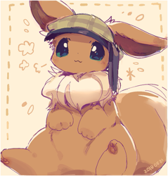 Size: 533x558 | Tagged: safe, artist:cco00oo, eevee, eeveelution, fictional species, mammal, feral, nintendo, pokémon, 2018, abstract background, ambiguous gender, big tail, border, brown body, brown fur, clothes, cute, floppy ears, fluff, fur, green eyes, hair, hat, headgear, headwear, looking at you, neck fluff, paw pads, paws, sitting, smiling, solo, tail, tail fluff
