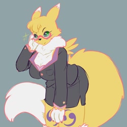 Size: 1280x1280 | Tagged: safe, artist:onirin, fictional species, mammal, renamon, anthro, bandai namco, digimon, 1:1, 2019, 3 fingers, black nose, black sclera, body markings, bottomwear, breasts, cleavage, clothes, colored sclera, dipstick tail, eyebrows, eyewear, female, fingers, fluff, fur, glasses, gray background, green eyes, hair, long tail, looking at you, multicolored tail, professor rena, shirt, simple background, skirt, smiling, solo, solo female, sparkles, standing, suit, tail, tail fluff, tail markings, topwear, white body, white fur, white tail, yellow body, yellow fur, yellow hair, yellow tail