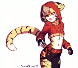 Size: 1280x1121 | Tagged: safe, artist:dash ravo, big cat, feline, mammal, tiger, anthro, 2019, belly button, belt, bottomwear, breasts, clothes, crop top, cropped hoodie, female, fingerless gloves, floppy ears, fur, gloves, handwear, hoodie, jacket, looking down, midriff, open mouth, orange eyes, pantherine, pants, signature, simple background, small breasts, solo, solo female, standing, striped body, striped fur, striped tail, stripes, tail, topwear, white background, yellow body, yellow fur