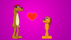 Size: 1920x1080 | Tagged: safe, artist:pedrodoguinho, canine, cocker spaniel, dog, mammal, spaniel, anthro, as aventuras de gui & estopa, go dog. go!, brown body, brown fur, couple, crossover, cróquete spaniel (as aventuras de gui & estopa), cute, duo, duo male and female, female, fur, heart, love, male, paw barker (go dog. go!), pink background, purple background, simple background