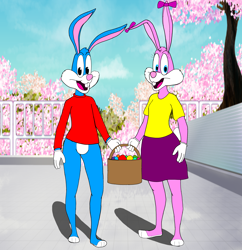 Size: 5844x6048 | Tagged: safe, artist:ledorean, babs bunny (tiny toon adventures), buster bunny (tiny toon adventures), lagomorph, mammal, rabbit, anthro, tiny toon adventures, warner brothers, duo, duo male and female, easter, easter basket, easter egg, female, male
