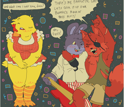 Size: 854x742 | Tagged: safe, artist:clownliver, bonnie (fnaf), chica (fnaf), foxy (fnaf), bird, canine, chicken, fox, galliform, lagomorph, mammal, rabbit, anthro, five nights at freddy's, abstract background, english text, female, fur, group, guitar, holding, male, ms paint, musical instrument, pixel art, purple body, purple fur, red body, red fur, speech bubble, text, trio