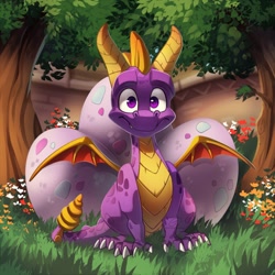 Size: 1200x1200 | Tagged: safe, artist:taylortrap622, spyro the dragon (spyro), dragon, fictional species, reptile, scaled dragon, western dragon, feral, spyro the dragon (series), 2023, dragon wings, egg, grass, looking at you, male, plant, solo, solo male, tree