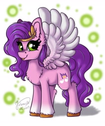 Size: 2755x3287 | Tagged: safe, artist:julunis14, pipp petals (mlp), equine, fictional species, mammal, pegasus, pony, feral, hasbro, my little pony, my little pony g5, spoiler:my little pony g5, 2023, circlet, crown, cute, feathered wings, feathers, female, fur, hair, headwear, high res, hooves, jewelry, looking at you, mane, mare, open mouth, open smile, pink body, pink fur, purple hair, purple mane, purple tail, regalia, signature, simple background, smiling, smiling at you, solo, solo female, spread wings, tail, tiara, unshorn fetlocks, white background, white wings, wings