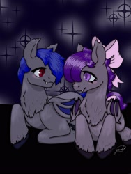 Size: 2250x3000 | Tagged: safe, artist:little_mango_demon, oc, oc only, oc x oc, bat pony, equine, fictional species, mammal, pony, feral, friendship is magic, hasbro, my little pony, 2023, bat wings, blushing, chest fluff, cute, duo, female, feral/feral, fluff, folded wings, hair box, high res, looking at each other, male, male/female, mare, shipping, signature, stallion, tail, webbed wings, wings
