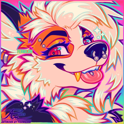 Size: 900x900 | Tagged: safe, artist:ferwildir, arcanine, fictional species, mammal, feral, nintendo, pokémon, 2023, bust, cream body, cream fur, ears, eyebrow piercing, female, fur, looking at you, magenta eyes, nose piercing, orange body, orange fur, piercing, portrait, signature, solo, solo female, tongue, tongue out, tongue piercing