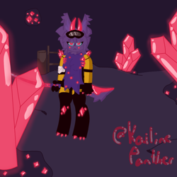 Size: 1378x1378 | Tagged: safe, fictional species, goo creature, anthro, roblox, ambiguous gender, blue sclera, cave, colored sclera, crystal, goggles, goggles on head, goo, hazmat suit, kaiju paradise (roblox), purple body, purple tail, red eyes, red horns, solo, sword, tail, watermark, weapon