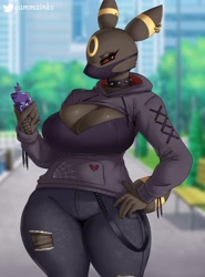 Size: 2214x3000 | Tagged: safe, alternate version, artist:gammainks, part of a set, oc, oc:serena (gammainks), eeveelution, fictional species, mammal, umbreon, anthro, nintendo, pokémon, 2023, big breasts, breasts, cell phone, clothes, face mask, female, hoodie, jeans, pants, phone, solo, solo female, thick thighs, thighs, topwear, wide hips