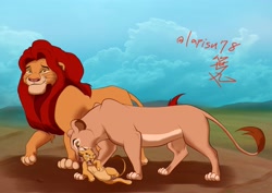 Size: 3507x2480 | Tagged: safe, artist:sasamaru_lion, mufasa (the lion king), sarabi (the lion king), simba (the lion king), big cat, feline, lion, mammal, feral, disney, the lion king, 2015, cloud, cub, detailed background, family, father, female, fur, grass, group, hair, lioness, male, mane, mother, red body, red fur, red hair, red mane, sky, son, trio, young