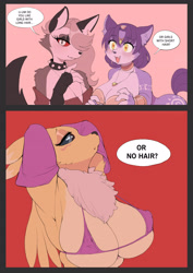 Size: 2480x3508 | Tagged: suggestive, artist:yunlongchen, krystal (star fox), loona (vivzmind), canine, fictional species, fox, hellhound, mammal, renamon, anthro, digimon, hazbin hotel, helluva boss, nintendo, star fox, 2023, armpits, arms behind head, bedroom eyes, belly button, bikini, bikini top, black nose, black sclera, breasts, butt, clothes, collar, colored sclera, comic, crop top, crossover, dialogue, digital art, ears, evening gloves, eyelashes, female, females only, fingerless gloves, fluff, fur, gloves, hair, hair over one eye, jewelry, long gloves, looking at you, micro bikini, neck fluff, necklace, nipple outline, open mouth, picture-in-picture, red sclera, sharp teeth, simple background, spiked collar, swimsuit, tail, talking, talking to viewer, tank top, teeth, thighs, tongue, topwear, tribal markings, trio, trio female, vixen, wide hips