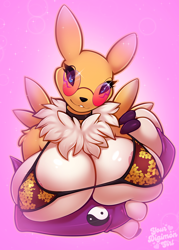 Size: 1080x1505 | Tagged: suggestive, artist:yourdigimongirl, fictional species, renamon, anthro, digimon, 2022, areola, areola slip, arm under breasts, bedroom eyes, bikini, bikini top, black nose, black sclera, breasts, clothes, colored sclera, digital art, ears, evening gloves, eyelashes, female, fingerless gloves, fluff, glasses, gloves, huge breasts, long gloves, looking at you, neck fluff, nipple outline, round glasses, simple background, solo, solo female, sunglasses, swimsuit