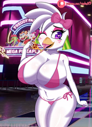 Size: 1280x1774 | Tagged: suggestive, artist:raydonxd, glamrock chica (fnaf), bird, chicken, galliform, anthro, five nights at freddy's, five nights at freddy's: security breach, 2022, beak, bedroom eyes, belly button, bikini, blushing, breasts, clothes, detailed background, digital art, ears, eyelashes, female, fur, hair, heart, heart eyes, huge breasts, micro bikini, one eye closed, open mouth, pink bikini, pink swimsuit, pose, solo, solo female, swimsuit, thighs, tongue, wide hips, wingding eyes