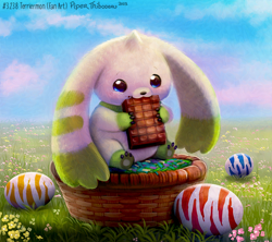 Size: 800x709 | Tagged: safe, artist:cryptid-creations, fictional species, terriermon, feral, digimon, 2023, basket, chocolate, container, cryptid-creations is trying to murder us, cute, easter, easter egg, food, grass