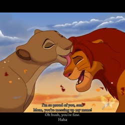 Size: 900x900 | Tagged: safe, artist:jessirenee, sarabi (the lion king), simba (the lion king), big cat, feline, lion, mammal, feral, disney, the lion king, duo, female, letterboxing, lioness, male, mother, mother and child, mother and son, son