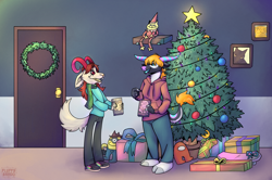 Size: 4344x2888 | Tagged: safe, artist:fluffybardo, oc, bovid, cat, cattle, cow, feline, goat, mammal, anthro, amogus, black body, black fur, bottomwear, christmas, christmas tree, clothes, cloven hooves, commission, conifer tree, cream body, cream fur, digital art, door, duo, ears, fur, gift wrapped, hair, holiday, hoodie, hooves, horns, indoors, open mouth, orange hair, pants, plant, present, purple nose, red eyes, red hair, shoes, standing, sweater, tail, teeth, topwear, tree, white body, white fur