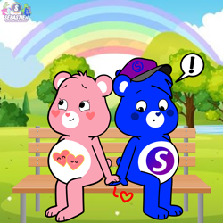 Size: 1920x1920 | Tagged: safe, artist:mrstheartist, love-a-lot bear (care bears), oc, oc:creative bear, bear, fictional species, mammal, semi-anthro, care bears, care bears: unlock the magic, :o, artwork, belly badges, bench, care bear, couple, cute, digital art, duo, exclamation point, female, heart, looking away, looking down, love and creativity (care bears / oc), male, medibang paint, plant, rainbow, show accurate, sitting, smiling, tree