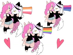 Size: 1024x768 | Tagged: safe, artist:puppychan, oc, oc only, oc:magna (puppychan), oc:tammy (puppychan), canine, mammal, anthro, bisexual pride flag, bottomwear, clothes, cute, duo, female, flag, fur, gay pride flag, hair, holding, holding flag, holding object, lesbian pride flag, lgbt, lgbtq, looking at each other, mtf transgender, pink body, pink fur, pink hair, pride flag, romantic couple, shipping, short shorts, shorts, simple background, tank top, topwear, transgender, white background, white body, white fur, white hair