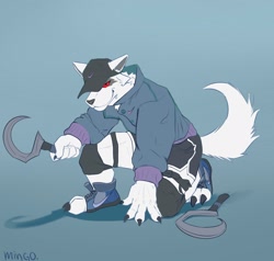 Size: 2048x1950 | Tagged: safe, artist:mingo_dog, death (puss in boots), canine, mammal, wolf, anthro, dreamworks animation, puss in boots (movie), shrek, 2023, alternate outfit, black sclera, blue background, blue hoodie, cap, clothes, colored sclera, hat, headwear, holding, holding object, holding sickle, hoodie, male, red eyes, sickle, simple background, smiling, solo, solo male, topwear