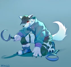 Size: 2048x1950 | Tagged: safe, artist:mingo_dog, death (puss in boots), canine, mammal, wolf, anthro, dreamworks animation, puss in boots (movie), shrek, black sclera, blue hoodie, clothes, colored sclera, crouching, fur, holding, holding object, holding sickle, hoodie, lighting, male, red eyes, shaded, sickle, solo, solo male, topwear, white body, white fur
