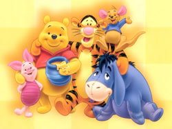 Size: 400x300 | Tagged: safe, official art, eeyore (winnie-the-pooh), piglet (winnie-the-pooh), roo (winnie-the-pooh), tigger (winnie-the-pooh), winnie-the-pooh (winnie-the-pooh), animate object, bear, big cat, donkey, equine, feline, kangaroo, living plushie, mammal, marsupial, pig, suid, tiger, anthro, feral, plantigrade anthro, disney, winnie-the-pooh, female, group, honey, low res, macropod, male, plushie, pot, quintet, young