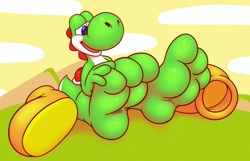 Size: 1280x824 | Tagged: safe, artist:raccoonlover, yoshi (mario), fictional species, yoshi (species), anthro, plantigrade anthro, mario (series), nintendo, barefoot, feet, fetish, foot fetish, foot focus, male, shoes removed, soles, solo, solo male, toes