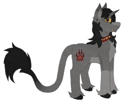 Size: 2821x2370 | Tagged: safe, artist:lil_vampirecj, oc, oc only, equine, fictional species, hybrid, mammal, pony, unicorn, feral, art fight, hasbro, my little pony, ambiguous gender, brown eyes, chest fluff, collar, dtpay, ear fluff, fluff, fur, hair, head fluff, hooves, horn, mane, neck fluff, paw print, simple background, solo, spiked collar, tail, tail fluff, transparent background