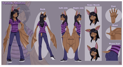 Size: 4000x2184 | Tagged: safe, artist:icandoittoo, oc, oc only, oc:vostok sharisa, bat, mammal, anthro, bat wings, black hair, bottomwear, brown body, brown fur, chiropteran, clothes, expressions, female, footwear, front view, fur, hair, hand on hip, jeans, pants, posing, profile, rear view, reference sheet, shirt, short tail, side view, sneakers, solo, solo female, standing, striped clothes, tail, topwear, webbed wings, wing hands, wings