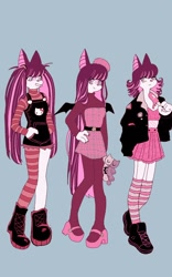 Size: 800x1280 | Tagged: safe, artist:puppychan, stocking anarchy (psg), angel, bat, cat, feline, fictional species, mammal, anthro, plantigrade anthro, panty and stocking with garterbelt, alternate hairstyle, anthrofied, bat wings, batified, female, furrified, hair, honekoneko (psg), plushie, red hair, solo, solo female, species swap, toy, webbed wings, wings
