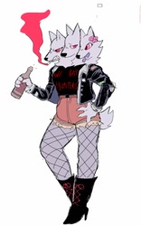 Size: 800x1280 | Tagged: safe, artist:puppychan, oc, oc only, oc:darle (puppychan), oc:luca (puppychan), oc:thorn (puppychan), canine, cerberus, fictional species, mammal, anthro, alcohol, beer, black boots, black nose, boots, cigarette, clothes, colored sclera, drink, female, fishnet, fishnet stockings, fur, gray body, gray fur, holding, holding beer, holding object, jacket, legwear, multiple heads, open mouth, open smile, pink sclera, red eyes, see-through, shoes, smiling, smoke, solo, solo female, stockings, three heads, topwear