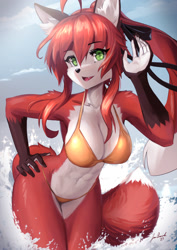 Size: 1240x1754 | Tagged: safe, artist:jecbrush, oc, oc only, canine, fox, mammal, anthro, 2023, almost nude, arm behind head, armpits, beach, bedroom eyes, belly button, bikini, black nose, breasts, cleavage, clothes, detailed background, digital art, ears, female, fluff, fur, gold bikini, hair, looking at you, ocean, open mouth, partially submerged, pose, red hair, shoulder fluff, solo, solo female, swimsuit, tail, thighs, tongue, vixen, water, wide hips