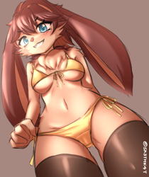 Size: 823x980 | Tagged: suggestive, artist:katarine, lop (star wars: visions), lagomorph, mammal, rabbit, anthro, star wars, star wars: visions, 2023, belly button, bikini, breasts, cameltoe, clothes, digital art, ears, female, fluff, fur, gold bikini, hair, legwear, looking at you, looking down, looking down at you, low angle, neck fluff, pink nose, pose, smiling, smiling at you, solo, solo female, stockings, swimsuit, tail, thighs, wide hips