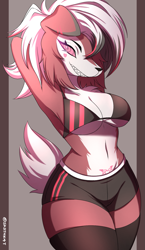 Size: 929x1600 | Tagged: safe, artist:katarine, fictional species, lycanroc, mammal, midnight lycanroc, anthro, nintendo, pokémon, 2023, absolute cleavage, armpits, arms behind head, belly button, bikini, bikini top, black nose, border, bottomwear, breasts, cleavage, clothes, colored sclera, digital art, ears, female, fur, hair, hair over one eye, legwear, looking at you, pink sclera, pose, shorts, smiling, smiling at you, solo, solo female, stockings, swimsuit, tail, thigh highs, thighs, wide hips