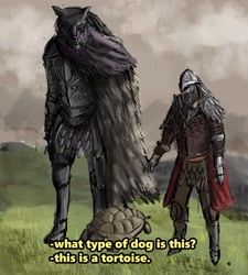 Size: 2648x2936 | Tagged: safe, artist:pixel_axel, blaidd (elden ring), canine, dog, human, mammal, reptile, tortoise, turtle, wolf, anthro, elden ring, absurd resolution, armor, cape, clothes, duo, elden dogs (meme), english text, fromsoftware, high res, humor, knight, male, tarnished (elden ring), text, warrior