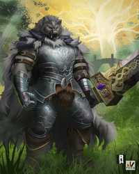 Size: 998x1250 | Tagged: safe, artist:nexus, blaidd (elden ring), canine, mammal, wolf, anthro, elden ring, 2022, armor, bipedal, boots, cape, clothes, detailed background, digital art, erdtree, footwear, fromsoftware, fur, gauntlets, gloves, gray body, gray fur, greatsword, handwear, holding, holding object, holding sword, holding weapon, male, melee weapon, muscles, muscular anthro, muscular male, outdoors, plant, purple eyes, shoes, solo, solo male, sword, tree, weapon