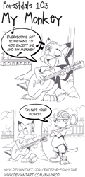 Size: 897x1850 | Tagged: safe, artist:forestdalecomic, canine, fox, mammal, monkey, primate, anthro, comic strip, crossed arms, duo, eyes closed, guitar, male, musical instrument, open mouth, open smile, plant, singing, sitting, smiling, tree