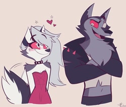Size: 2048x1734 | Tagged: safe, artist:summer_beann, loona (vivzmind), vortex (vivzmind), canine, fictional species, hellhound, mammal, anthro, hazbin hotel, helluva boss, anthro/anthro, clothes, crop top, duo, duo male and female, female, loontex (vivzmind), male, male/female, one sided shipping, shipping, simple background, topwear