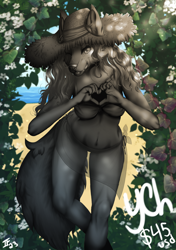 Size: 1440x2048 | Tagged: safe, artist:iscafox, oc, canine, mammal, anthro, beach, clothes, commission, digital art, ears, female, fur, fursona, hat, headwear, looking at you, outdoors, sand, solo, solo female, tail, water, ych