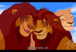 Size: 2048x1411 | Tagged: safe, artist:kingsimba, kion (the lion guard), nala (the lion king), simba (the lion king), big cat, feline, lion, mammal, feral, disney, the lion guard, the lion king, eye scar, father, father and child, female, group, letterboxing, male, mother, mother and child, scar