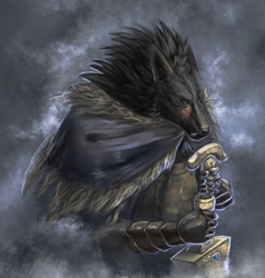 Size: 1216x1280 | Tagged: safe, artist:dsw7, blaidd (elden ring), canine, mammal, wolf, anthro, elden ring, armor, cape, clothes, fangs, fromsoftware, gauntlets, gloves, handwear, high res, male, melee weapon, sharp teeth, solo, solo male, sword, teeth, weapon