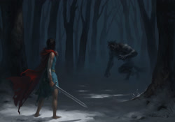Size: 1920x1344 | Tagged: safe, canine, fictional species, human, mammal, werewolf, anthro, clothes, detailed background, duo, female, forest, holding object, holding sword, holding weapon, looking at each other, male, red cape, red scarf, scarf, sword, weapon