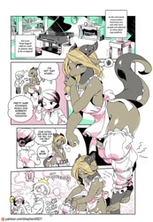 Size: 831x1200 | Tagged: safe, artist:shepherd0821, oc, oc:nadia (shepherd), dragon, fictional species, human, mammal, anthro, modern mogal, 2023, apron, barefoot, big butt, blushing, bucket, butt, claws, clothes, comic, dialogue, dragoness, duster, feet, female, group, hair, hair bun, headwear, horns, horny, legwear, long hair, maid, male, mother, mother and child, mother and son, naked apron, nudity, onomatopoeia, partial nudity, piano, son, stockings, sweat, tail, talking, text, thick thighs, thighs, tippy-toes, toe claws, toes, wide hips